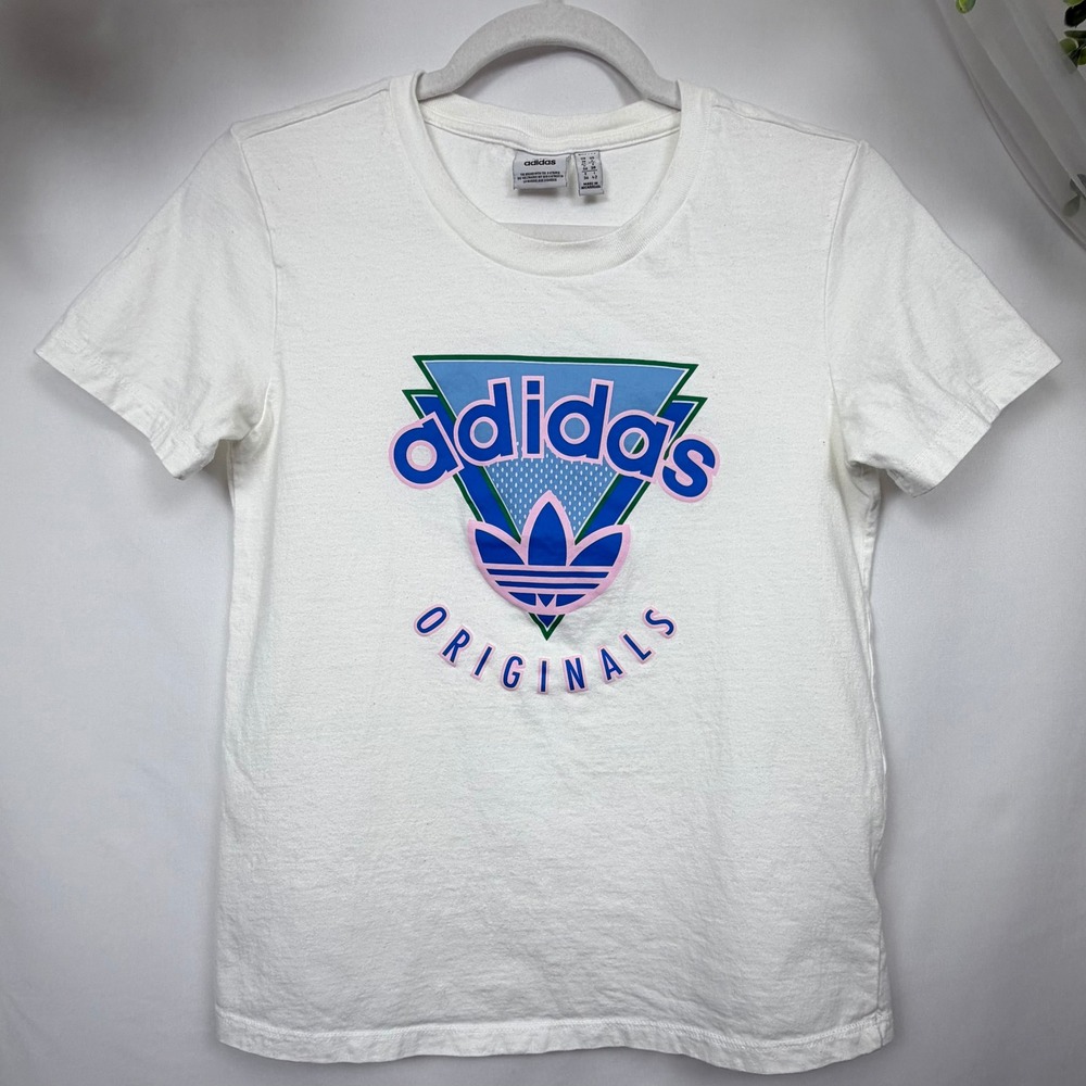 Adidas Originals Women White Graphic T-Shirt Retro 80s Trefoil Logo Size S